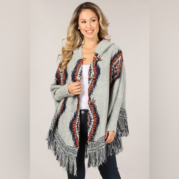 #270 New! Cozy Oversized Aztec Oversized  Poncho Sweater Jacket Coat - Picture 2 of 5